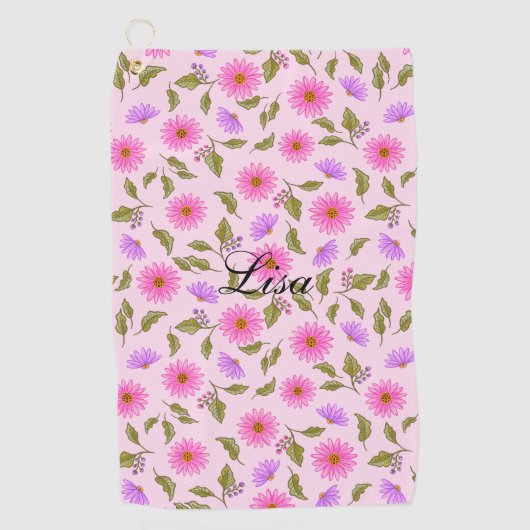 Pink Lacy Daisy Personalized Golf Towel Golfhanddoek (Voorkant)