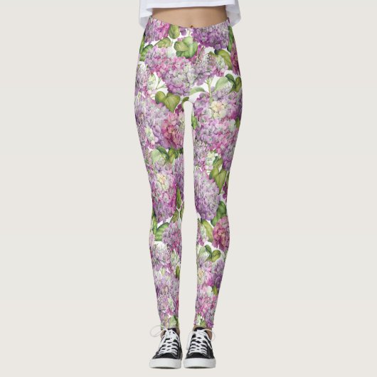 Pink Lavender Hydrangea Floral Pattern Leggings (Voorkant)