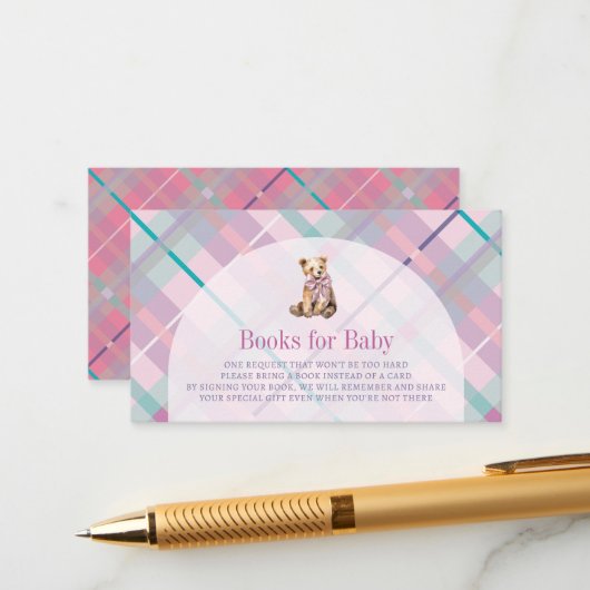 Pink & Lavender Plaid Teddy Bear Baby Boek Verzoek Informatiekaartje (Voorkant / Achterkant in situ)