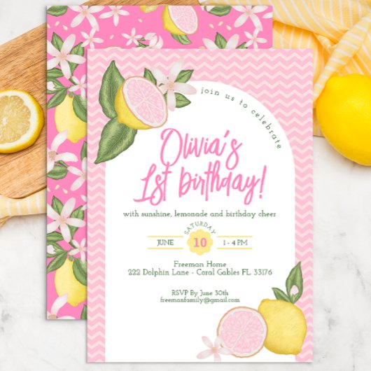 Pink Lemonade 1er anniversaire Invitation de fête