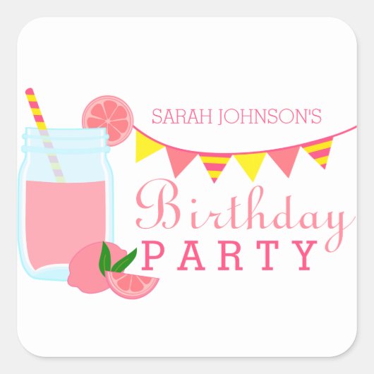 Pink Lemonade Birthday Party Vierkante Sticker (Voorkant)