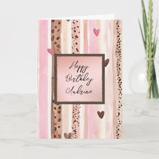 Pink Leopard Animal Stripes Hearts Blush Birthday Kaart (Voorkant)