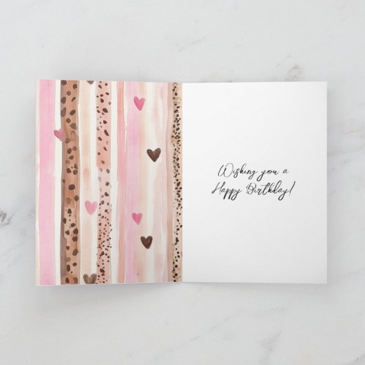 Pink Leopard Animal Stripes Hearts Blush Birthday Kaart (Binnen)