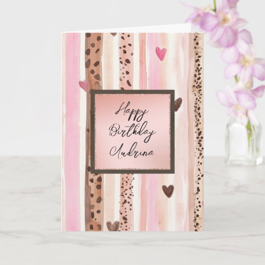 Pink Leopard Animal Stripes Hearts Blush Birthday Kaart (Orchidee)