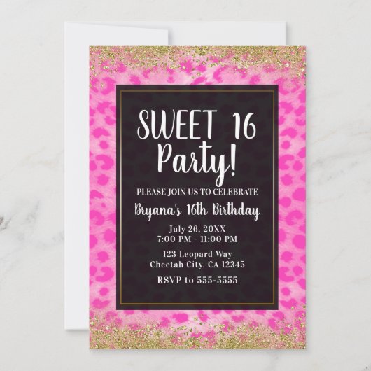 Pink Leopard Cheetah Gold Glitter Verjaardagsfeest Kaart (Voorkant)