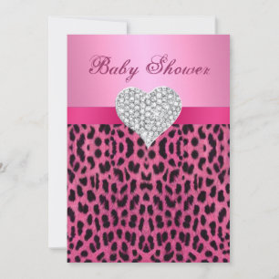 Pink Leopard Diamond Heart Baby shower Uitnodiging