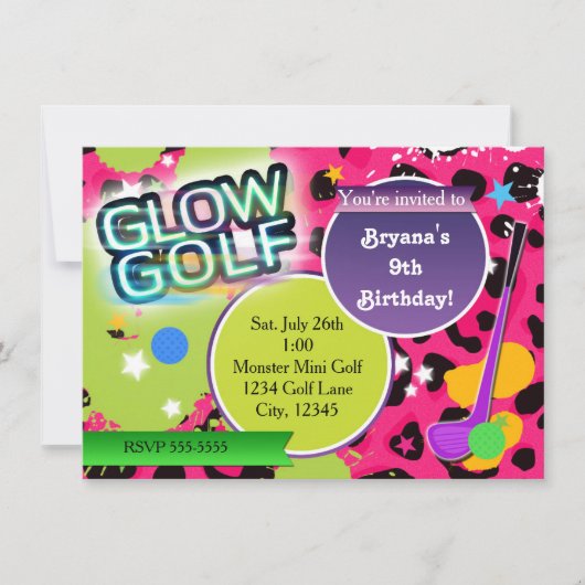 Pink Leopard Glow Golf Fête Invitations (Devant)