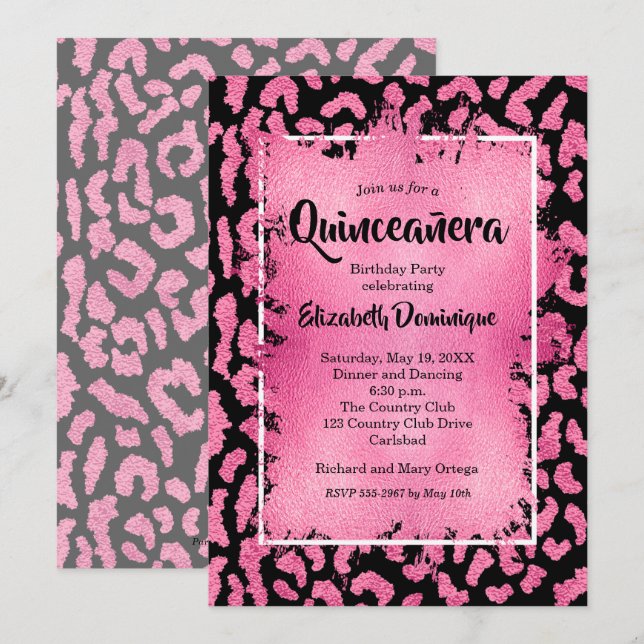 Pink Leopard Quinceañera Birthday Party Invitation (Voorkant / Achterkant)