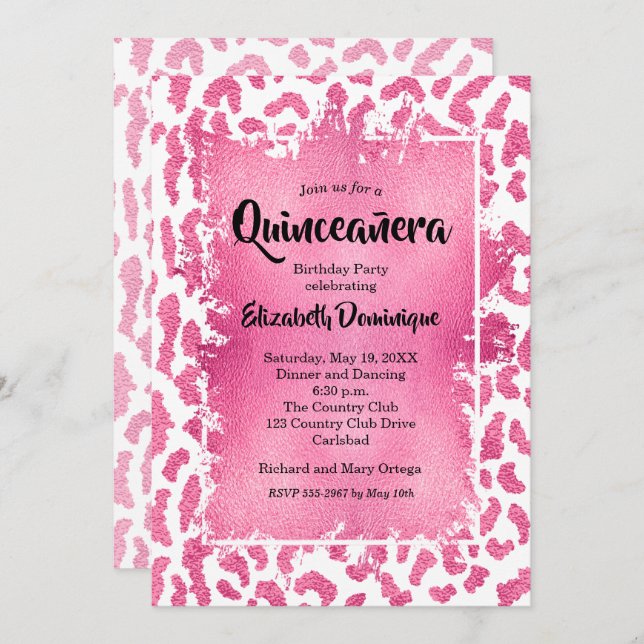 Pink Leopard Quinceañera Birthday Party Invitation (Voorkant / Achterkant)