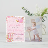 Pink Let's Par-tea Verjaardagsfeestfoto Kaart (Staand voorkant)