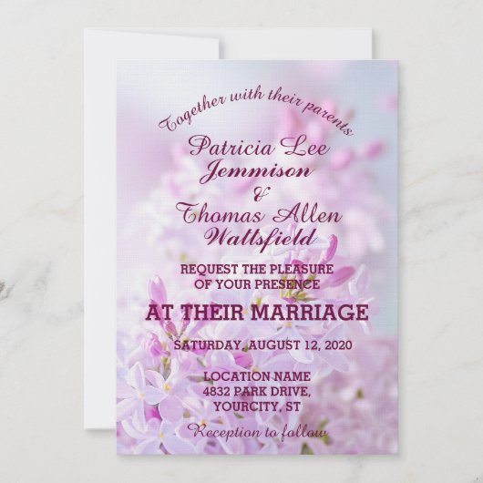 Pink Lilacs  Wedding Invitation Kaart (Voorkant)