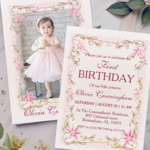Pink Lily avec photo Invitation d'anniversaire
