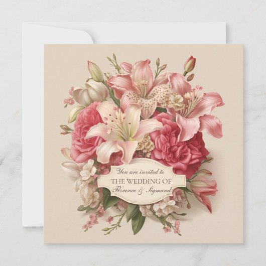 Pink Lily et Peony Vintage Mariage Invitation (Devant)