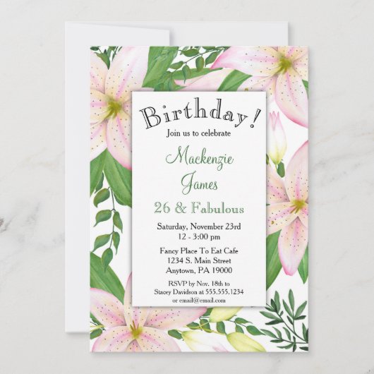Pink Lily Floral Anniversaire Fête Invitation Dame (Devant)