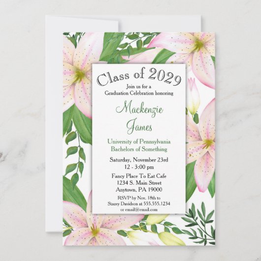 Pink Lily Floral Graduation Invitation Filles Femm (Devant)