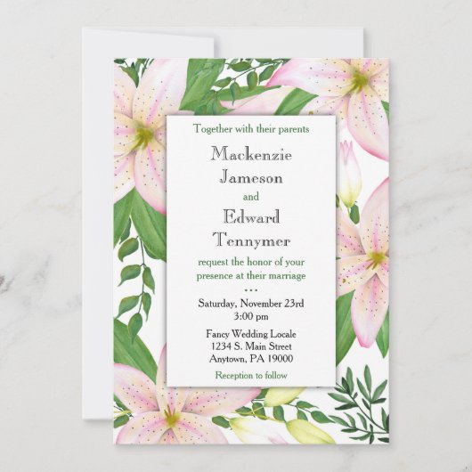 Pink Lily Floral Wedding Invitation Lilies Kaart (Voorkant)