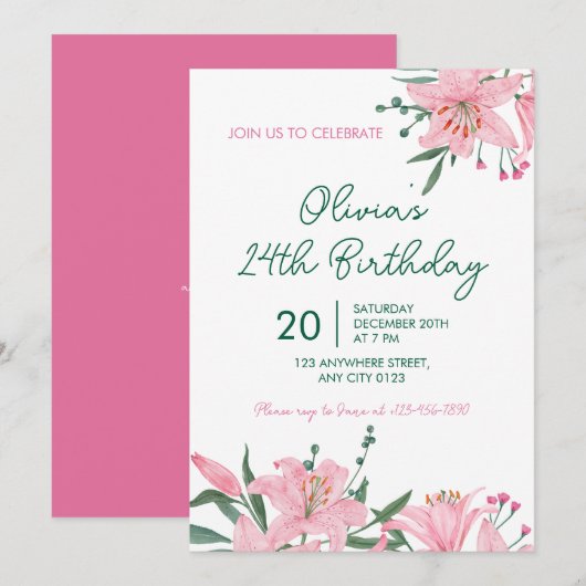 Pink Lily Garden Birthday Party Invitation (Devant / Derrière)