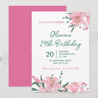 Pink Lily Garden Birthday Party Invitation Kaart