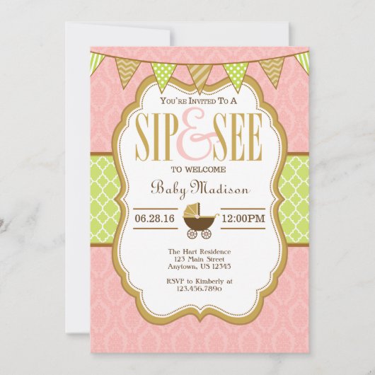 Pink Lime Green Gold Sip Et Voir Invitation (Devant)