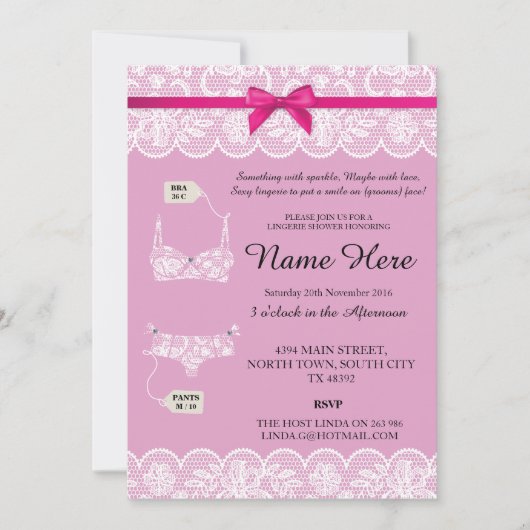 Pink Lingerie Shower Bridal Party Lace Bow nodigt Kaart (Voorkant)