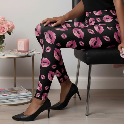 Pink Lips Pattern Black Leggings
