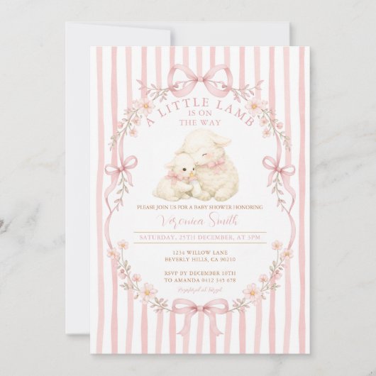 Pink Little Lamb Baby Shower Stripes Invitation (Devant)