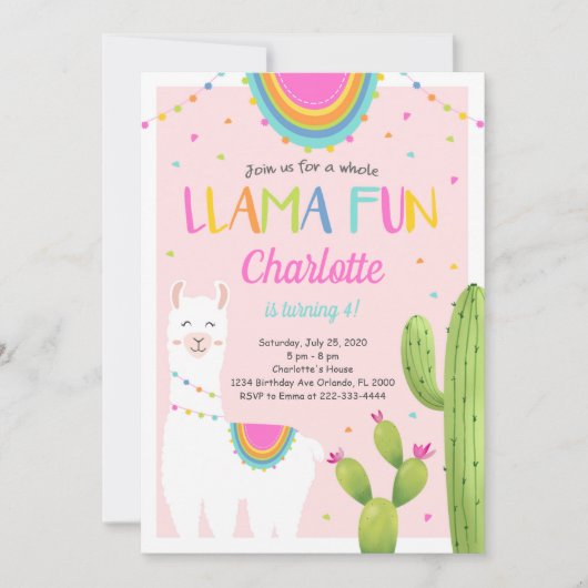 Pink Llama Cactus Uitnodiging voor verjaardag (Voorkant)
