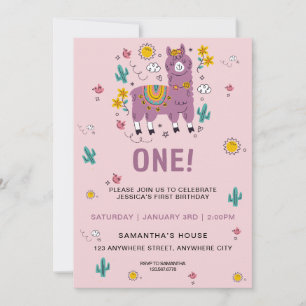 Pink llama Fun Girl First Birthday Party Kaart