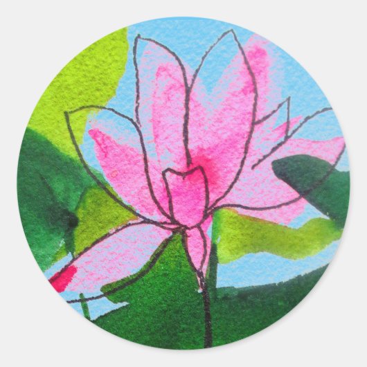 Pink lotus waterlily floral bruiloft ronde sticker (Voorkant)
