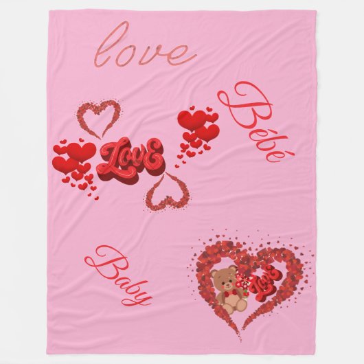 Pink Love & Baby deken met teddybeer en hart (Voorkant)