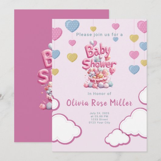 Pink Love Baby shower Uitnodiging (Voorkant / Achterkant)