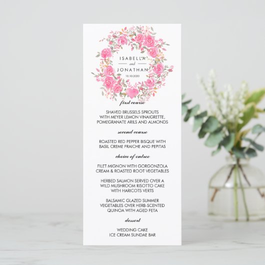 Pink Love | Menu de mariage couronne de roses rust (Debout devant)