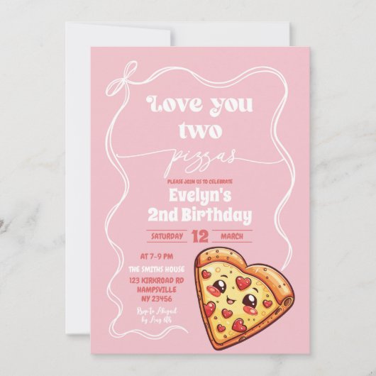 Pink Love You Two Pizzas Bow Tweede Verjaardagsfee Kaart (Voorkant)