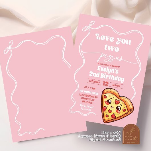 Pink Love You Two Pizzas Bow Tweede Verjaardagsfee Kaart