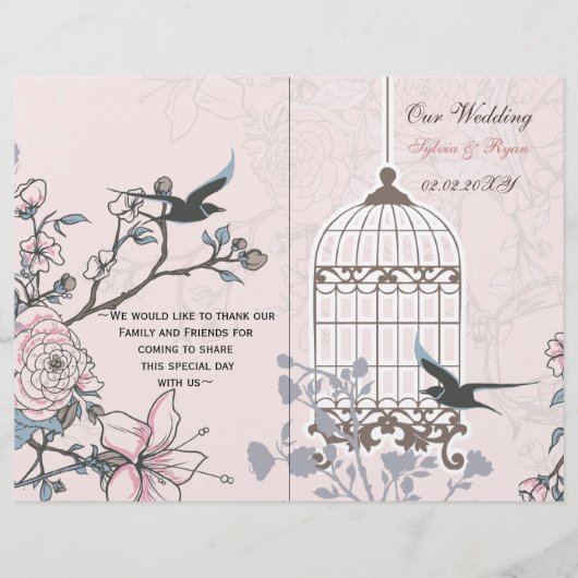 pink lovebirds bircage bi fold Programme de mariag (Devant)