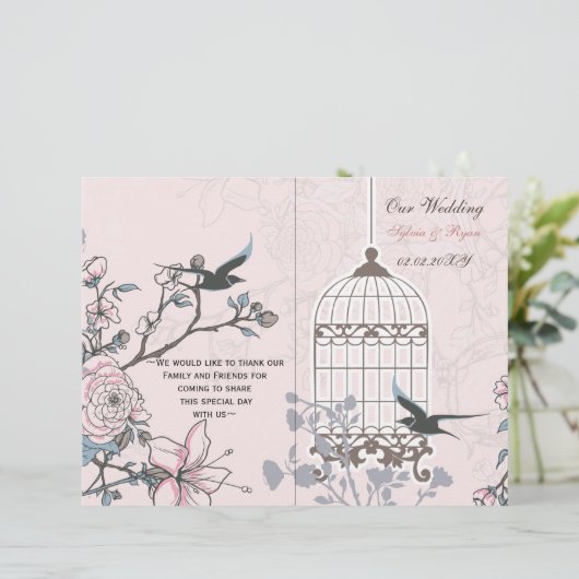pink lovebirds bircage bi fold Programme de mariag (Debout devant)