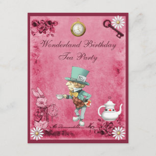 Pink Mad Hatter Wonderland Birthday Tea Party Kaart