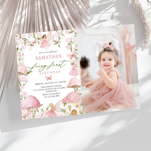 Pink  Magical Forest Fairy First Birthday Photo Kaart