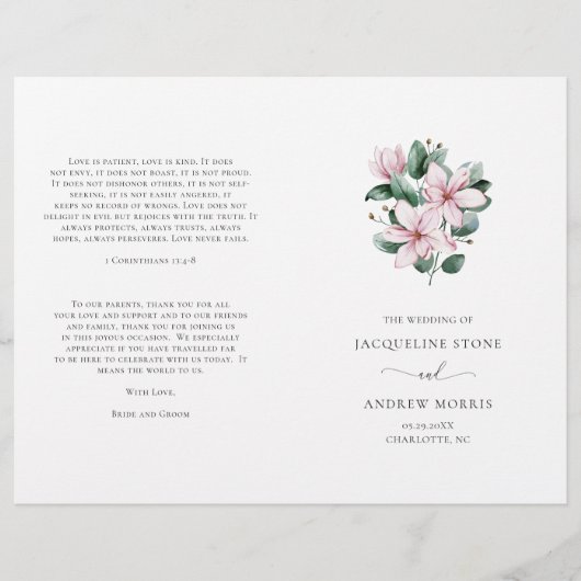 Pink Magnolia Floral Folded Wedding Programme (Voorkant)