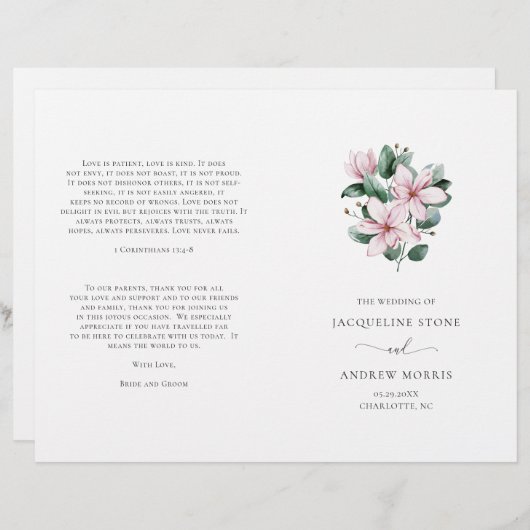 Pink Magnolia Floral Folded Wedding Programme (Voorkant / Achterkant)
