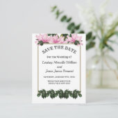 Pink Magnolia Greenery Floral Save the Date Kaart (Staand voorkant)