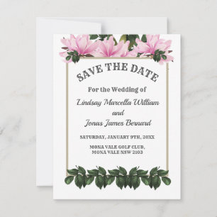 Pink Magnolia Greenery Floral Save the Date Kaart