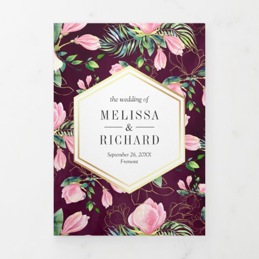 Pink Magnolia Spring Floral Plum Paars Wedding Drieluik Uitnodiging (Cover)