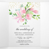 Pink Magnolia Spring Floral Plum Paars Wedding Drieluik Uitnodiging (Binnenkant midden)