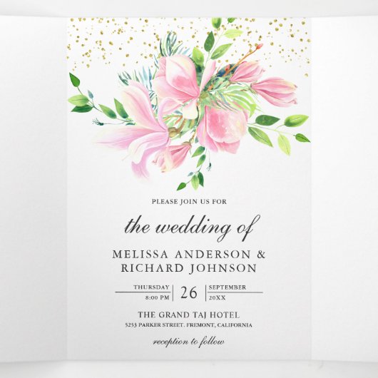 Pink Magnolia Spring Floral Plum Paars Wedding Drieluik Uitnodiging (Binnenkant midden)