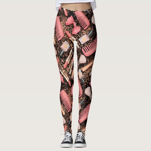 Pink Makeup Cosmetics Pattern Glitter  Leggings (Voorkant)