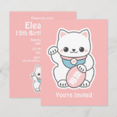 Pink Maneki Neko Birthday Party Kaart (Voorkant / Achterkant)