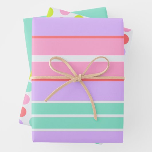 Pink Mauve and Blue Stripes and Polka Dots Inpakpapier Vel (In situ)
