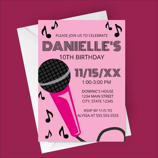 Pink Microphone Kids Birthday Invitation