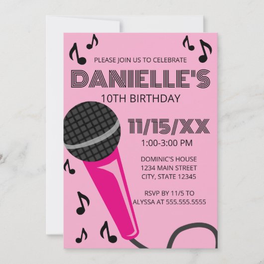 Pink Microphone Kids Birthday Invitation (Devant)